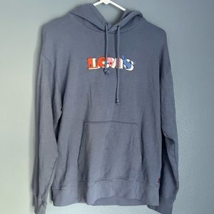 Large plain blue Levis hoodie, with flower-print Levis logo